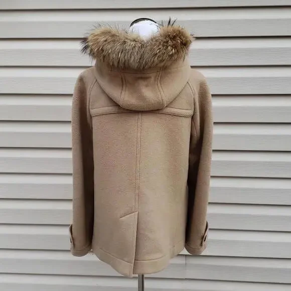 BURBERRY CHECK LINED WOOL TOGGLE DUFFLE COAT WITH FUR TRIMMED HOOD - Picture 4 of 15